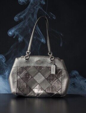 Coach Brook Carryall Metallic Silver and Gray Patchwork Handbag